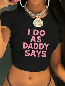 女士夏季字母印花短袖休闲T恤，女士度假装，女士情人节装，女士夏季装，夏季服装，女士春季服装 - 黑色 - 查看 2