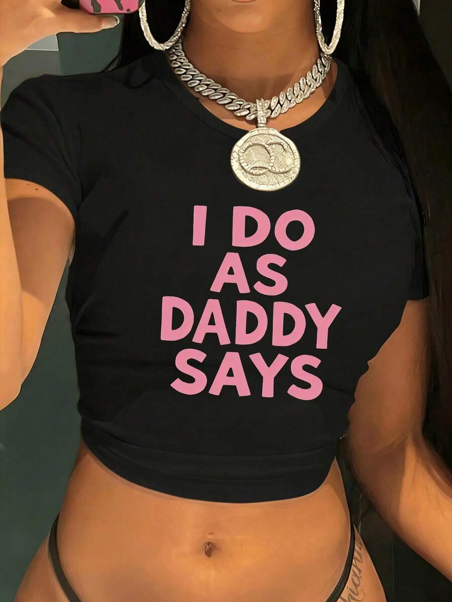 女士夏季字母印花短袖休闲T恤，女士度假装，女士情人节装，女士夏季装，夏季服装，女士春季服装 - 黑色 - 查看 1