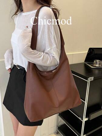 咖啡色/黑色纯色PU大容量磁扣休闲时尚单肩手提包，适合女孩日常使用