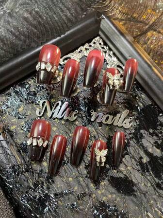 10pcs Handmade Acrylic Coffin Shaped Nail Stickers, Black & Red Tie-Dye Design, Comes With 3D Butterfly Diamond Nail Decor, Y2K Style Nail Art Set, Suitable For Girls & Women For Holidays, Daily Life, Gatherings, Parties (Includes: 1pc Jelly Gel And 1pc Nail Buffer)