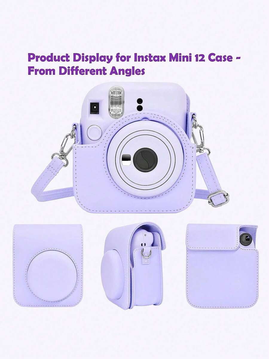 1pc Instant Mini 12 Camera Case For Mini 12/Mini 12 Camera - PU Leather Protective Cover With Adjustable Shoulder Strap - Light Purple - Purple - View 1