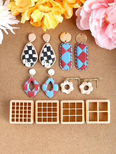 1/4件套方形聚合物粘土切割器，网格纹理粘土切割器，适用于珠宝制作，方形网格工具，聚合物粘土套装，适用于DIY珠宝耳环制作