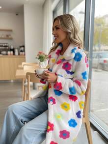 Womens Casual Fuzzy Floral Print Teddy Coat Button Front Long Sleeve Warm Knitted Fabric Midi Jacket With Collar And Pockets - 彩色 - 查看 5
