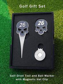 一合一高尔夫球位修补器 - 骷髅头设计 - 带帽夹的高尔夫球标记器套装 - 防水耐用的高尔夫球场配件 - 高尔夫球手的理想礼物 - 小巧便携，适合户外使用 - 高尔夫球场维护工具、高尔夫球维修工具、高尔夫球包配件、高尔夫球维修、完美的高尔夫礼品套装