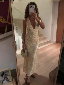 QIANZHIDU 女士亮片吊带长裙，深V领设计，露背，适合公司晚宴、晚礼服、生日派对、单身派对、婚礼宾客等场合穿着，女士长裙 - 香檳色 - 查看 3