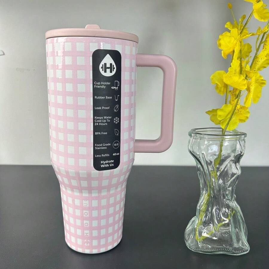 Hydro - Jug 40 Oz - Pink Gingham With Handle & Flip Straw Tumbler. - 粉紅色方格 - 查看 1