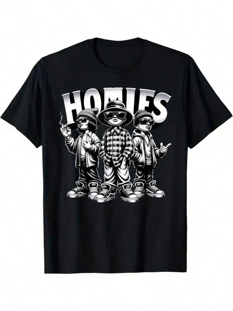 'HOMIES' Street Cool Printed T Is Suitable For Good Friends Men'S And Women'S Black Cotton T-Shirts. Crew-Neck Undershirt With Clear Print. Simple Design, Neat Stitch And Thread. - màu đen - Xem 1