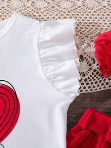 少女爱心印花圆领短袖上衣搭配纽扣前开襟迷你裙休闲套装 - 紅色 - 查看 4