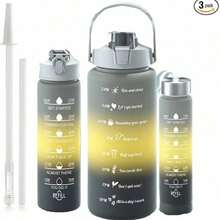 3pack 64OZ 26oz 9oz Water Bottles Set Sports, Leak-Proof Inspirational Water Bottle Cups With Drinking Time Straw, Fitness Bottle For Family, Office, Gym Outdoor Travel - 三色漸層套裝杯子-黑色 - 查看 7