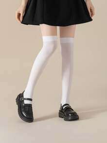 1 Đôi tất cao đến đầu gối màu trơn thoải mái, tất cao đến đùi nhẹ cho nữ, ấm áp - màu đen - Xem 8