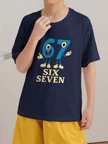 Tween Boys Casual Printed Crew Neck Short Sleeve T-Shirt, Summer Top - Navy Blue - View 2