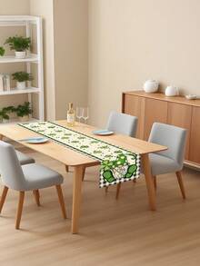 1 Pc St. Patrick'S Day Table Runner With Lucky Four-Leaf Clover Cute Cat And Goblin Pattern Holiday Party Restaurant Kitchen Tablecloth - Sprout Green - View 3