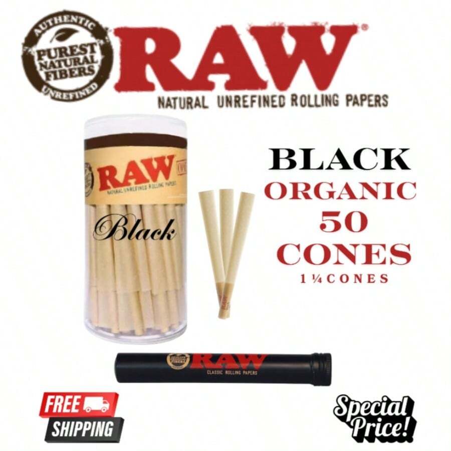 RAW Black Organic 1 1/4 Pre Rolled Cones 50 Ct W/ Raw Black Smell Proof Tube - như hình - Xem 1