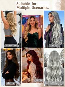 V-Clip Style Hair Extensions In Brown, Gold, Burgundy, Gradient Gray, Gradient Gold, 22 Inch Long Wave Heat-Resistant Fiber Synthetic Hair Pieces, Suitable For Women's Christmas, Halloween, Music Festivals, Parties, And Daily Use - Two-Tone - View 8