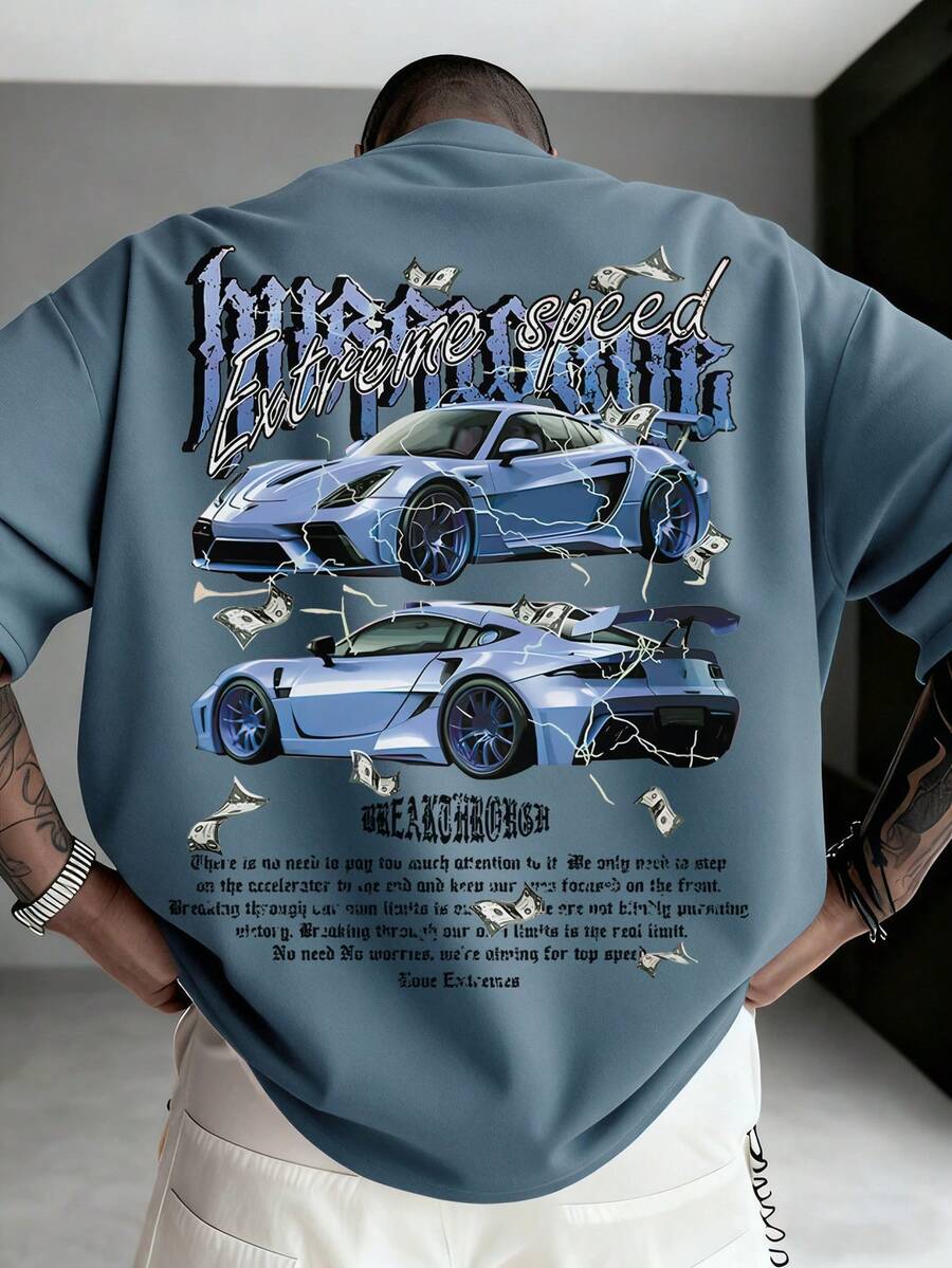 男士休闲百搭简约赛车英文标语元素短袖T恤 - 霧霾藍 - 查看 1