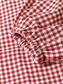 Chemise à manches longues avec col à volants pour femmes grandes tailles, col en V, boutons devant, rouge et pied-de-poule. Élégante et convient aux occasions décontractées et formelles (sans rembourrage), printemps - Rouge - Voir 3