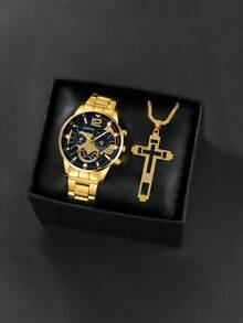 1 Set Stylish Set: Quartz Watch (Stainless Steel Strap), Hip-Hop Style Necklace, Ideal Holiday Gift