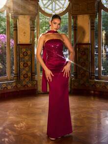 Faeriesty Elegant Sequin 2 Pieces Dress - Strapless Sleeveless Mermaid Gown With Ruffle Hem And Detachable Neck Scarf - Perfect For Formal Galas, Weddings, Awards Ceremonies, Anniversaries, And Red Carpet Events - Burgundy - View 4