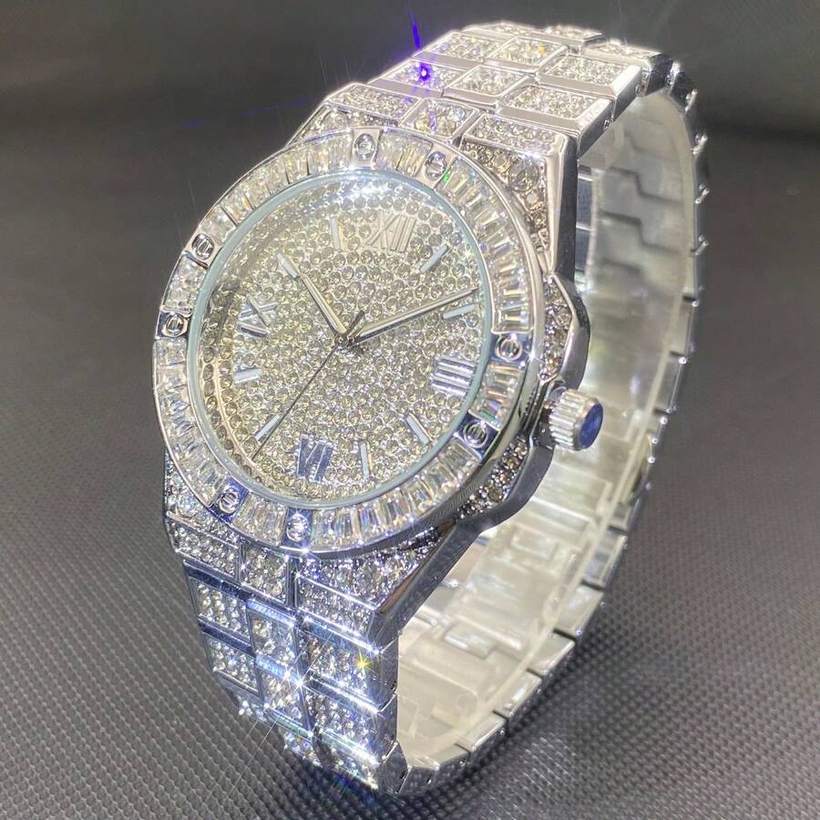 Men's Classic Business Iced Out Quartz Couple Watch, Luxury Classic Ice Out Watch, Fashionable Hip Hop Brand AAA Bestselling Product - Silver - View 1