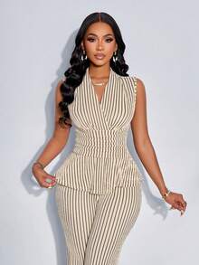 Ladies' Sexy And Elegant Apricot And Black Striped Sleeveless V-Neck Slim Fit Top And High Waisted Straight Leg Pants Two Pieces Set, Suitable For Fashionable Dressing In Various Occasions Such As Office, Business And Leisure - Apricot - View 5