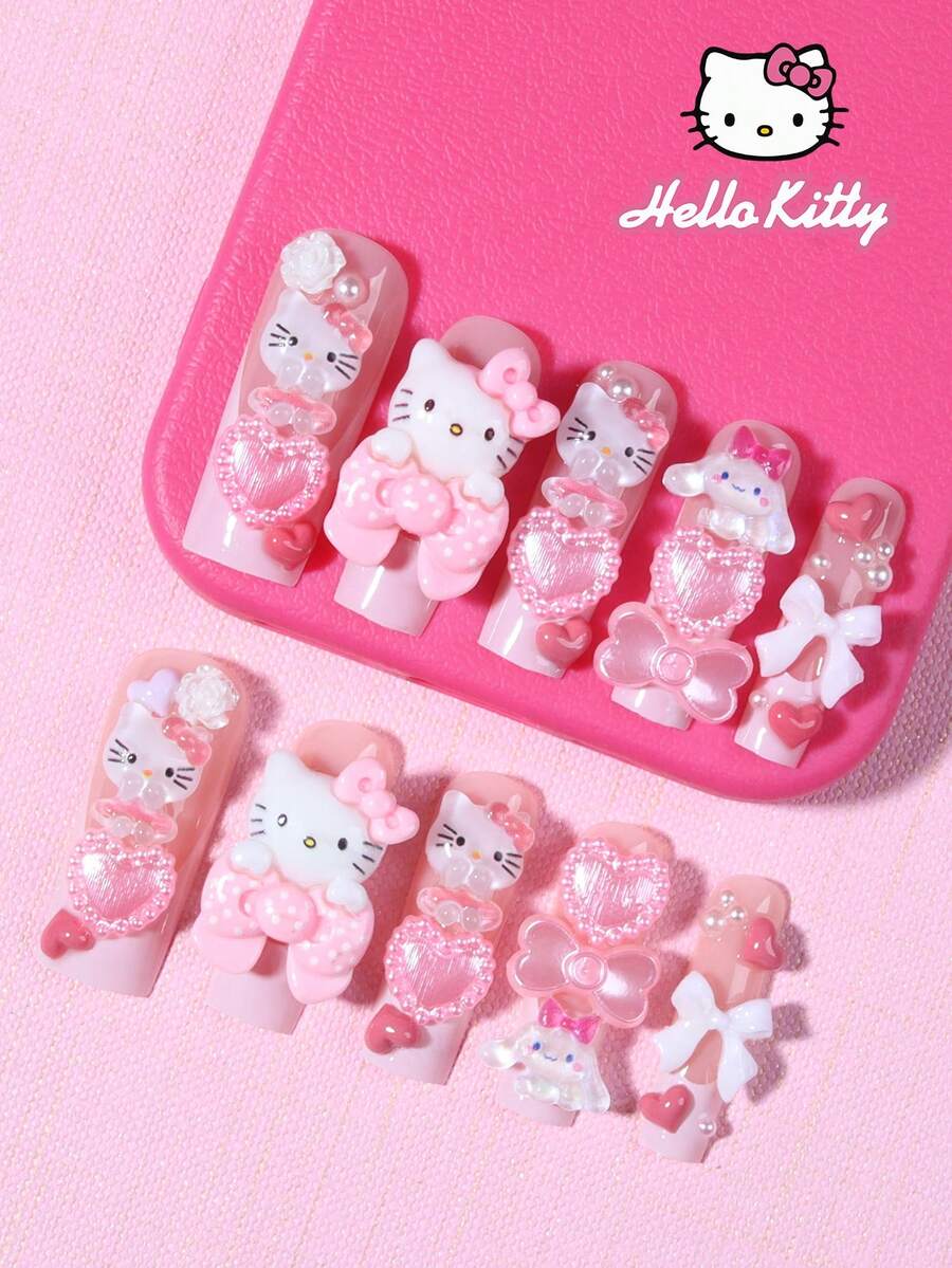 SANRIO 24片法式长方形美甲贴纸，3D可爱装饰，带心形蝴蝶结和仿珍珠设计，套装包含：1瓶胶水和1个指甲锉，适合女性和女孩日常及派对使用。 - 彩色 - 查看 1