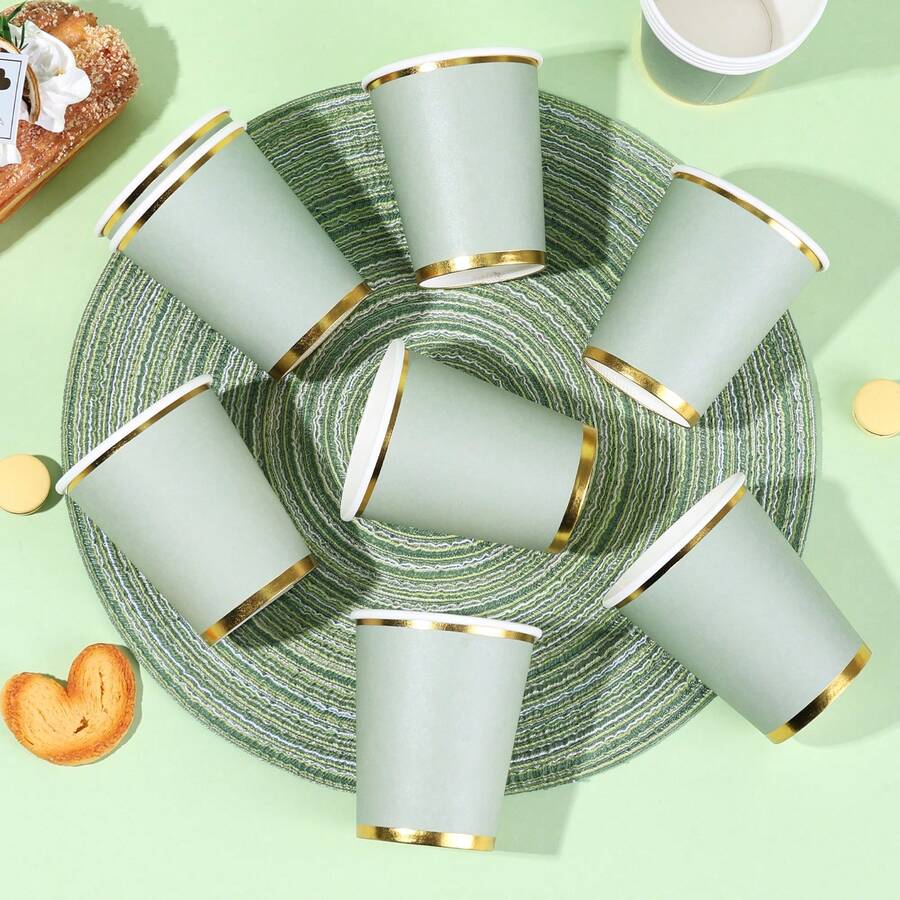 10/20/40pcs Spring Lavender Green & Gold Foil Disposable Paper Cups, Leak-Proof, Heat-Resistant, Suitable For Spring Outdoor Picnics, Casual Gatherings At Home, Birthday Parties, And Large Events