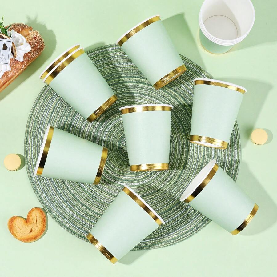10/20/40pcs Spring Light Green Gold Foil Disposable Paper Cups, Light Green Gold Rim Disposable Paper Cups, Leak-Proof, Heat-Resistant, Suitable For Spring Outdoor Picnics, Home Gatherings, Birthday Parties, Elegant Party Decorations