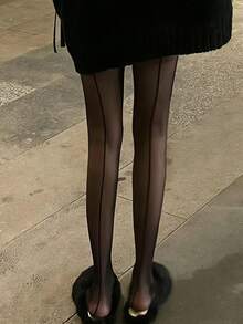 1/2/3/4/6 双装女士黑色竖条纹紧身时尚显瘦超薄连裤袜，性感优雅黑色竖条纹紧身裤（双面可穿） - 黑色 - 查看 5