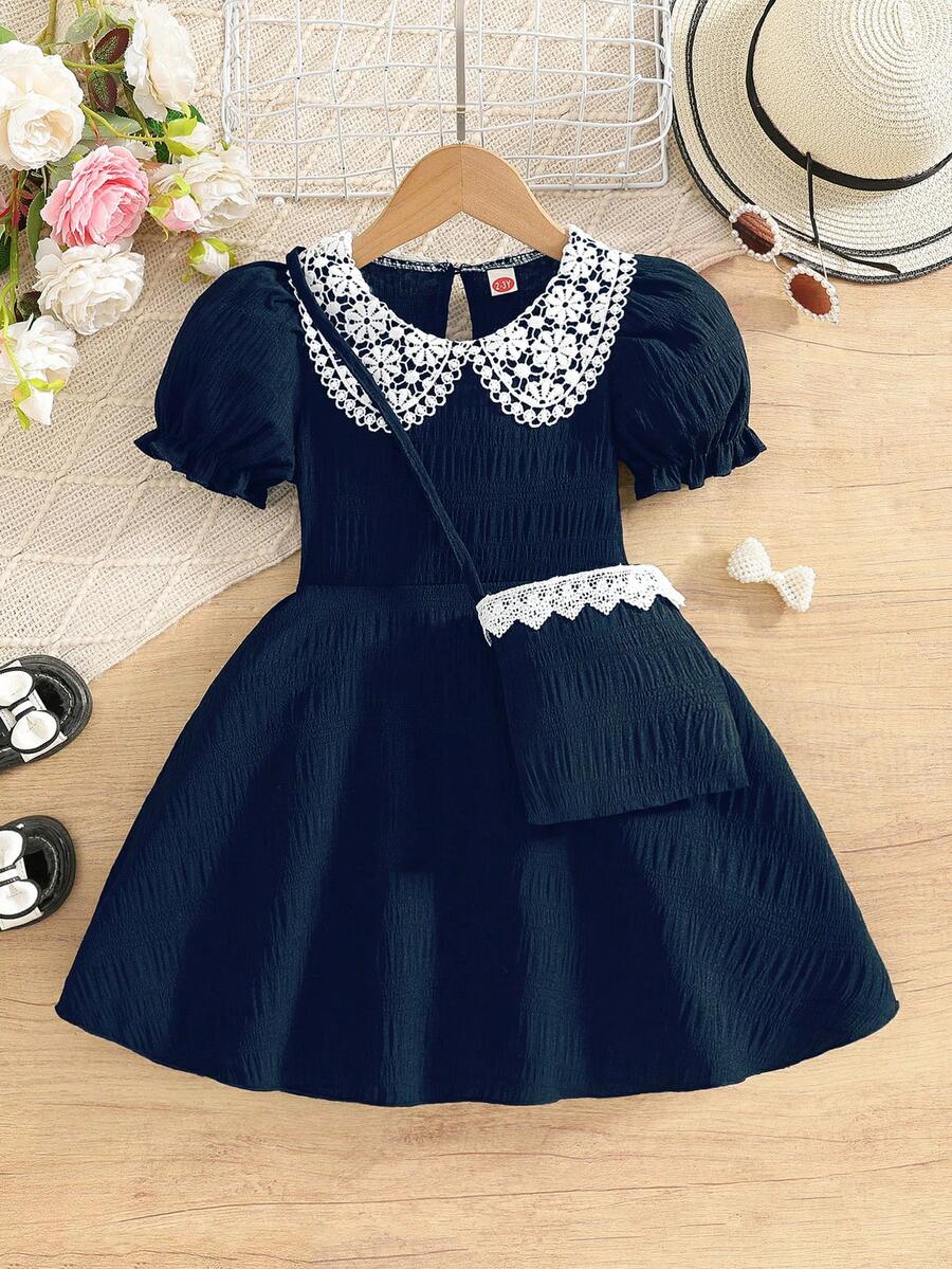 Young Girl' Fashion Casual Ruffle Collar Puff Sleeve Dress + Matching Simple Versatile Bag Set