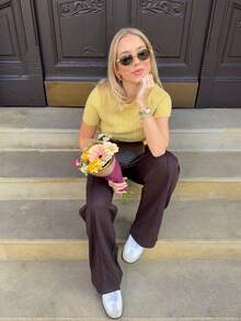 Parte superior de punto de cuello redondo de unicolor, ajustada, de manga corta, suave, cómoda y versátil, para primavera/verano - Amarillo - Ver 3