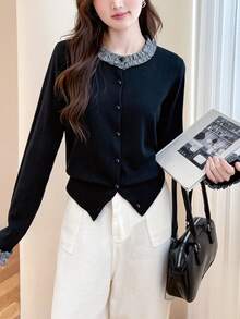 Alicedudu Women's Spring Woven Plaid Cute Girl Patchwork Design Knit Cardigan Sweater - Black - View 5