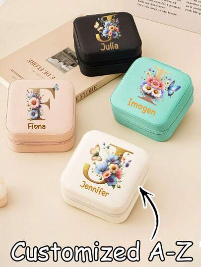 Caixa de Joias Personalizada com Floral e Inicial - Nome Personalizado "A" com Design de Borboleta e Flor, Couro Sintético com Zíper para Armazenamento de Anéis e Colares, Presente Perfeito para Meninas, Amigas e Mães (Dia dos Namorados, Aniversário, Ano Novo), Caixa de Presente para Joias