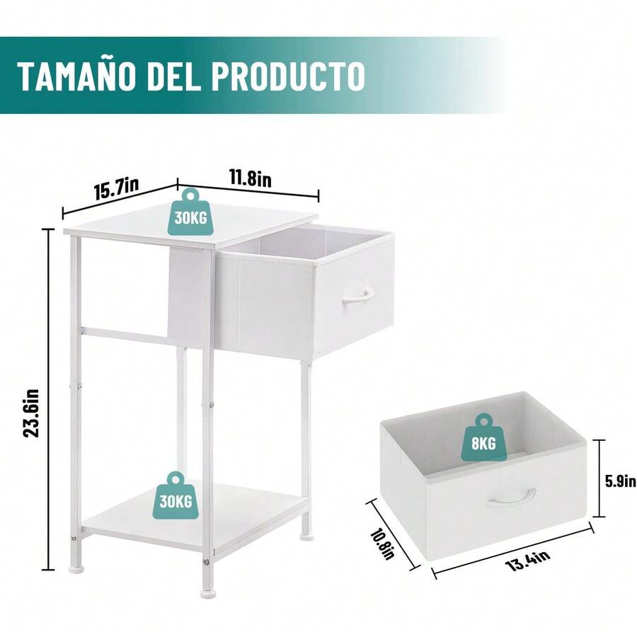Mesitas de Noche, Mesas Auxiliares, Juego de 2 Mesas Auxiliares con Cajón y Estante, Buros para recamara, Mesa Auxiliar con Cajón de Tela Montaje Fácil Diseño Industrial (Blanco) - 1 - Ver 1