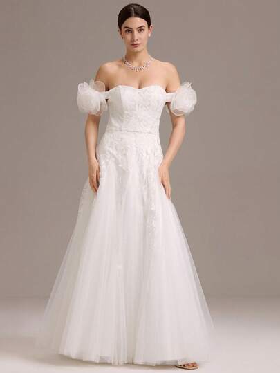 New Arrival Sweet Luxurious Off-Shoulder Floral Applique Ball Gown Wedding Dress For Courtyard Wedding
