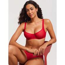 DOBREVA Women's Unlined Balconette Mesh Bra Square Neck Sheer See Through Underwire Bras Plus Size - Lipstick Red - View 10