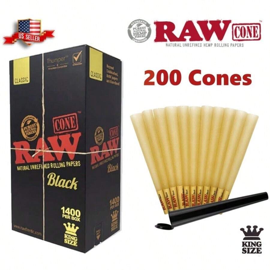 Authentic RAW Black King Size Pre-Rolled Cone 200 Pack Andamp; Tube - 如圖所示 - 查看 1