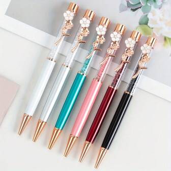 6Pcs Multi-Color Elegant Luxury Pearl Flower Decor Metal & Crystal Texture Retractable Ballpoint Pen | Perfect For Office/Daily Writing & Women's Exquisite Festival Gift Valentine's Day Gifts