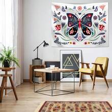 1pc Butterfly & Flower Print Tapestry, Polyester Hanging Wall Decor For Living Room, Bedroom, Office, Home Decor, Party, Rectangular Kitchen Wall Hanging Cloth With Drape Effect, Comes With 3 Wall Nails And 2 Clips - Multicolor - View 2