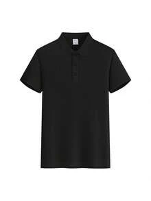 Customizable Men'S Polo Shirt - Personalized Short Sleeve, Light Business Casual Design With "LOGO HERE" Placeholder, Perfect Gift For Friends, Family, Or Partner, Casual Summer Wear | Personalized Gift | Buttoned Collar Shirt - Black - View 3