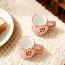 2个创意手绘梅花图案陶瓷咖啡杯，适合派对、办公室和家庭使用 - 粉色 - 查看 4