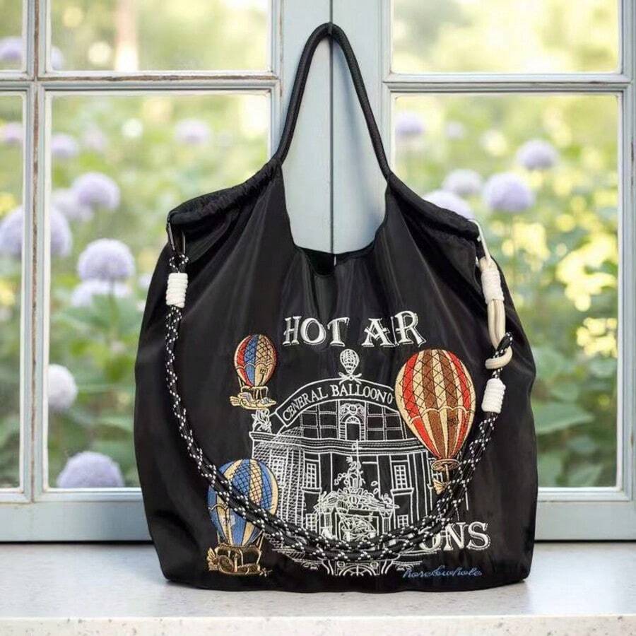 Bolsa de tela reutilizable con bordado de castillo y globo aerostático, bolso de hombro plegable de gran capacidad - Negro - Ver 1