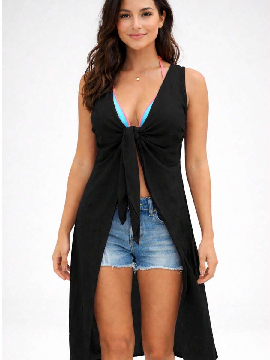 Stylish Women's Mullet Beach Cover-Up For Swimming Pool, Summer, With Front Tie. - 黑色 - 查看 1