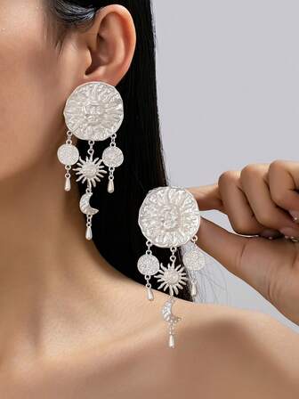 1 Pair Retro Unique Delicate Niche Design Silver Sunshine Moon Drop Earrings, Suitable For Women's Daily Life, Gatherings, Commuting Wear Or Gift