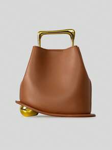 时尚金属手柄不对称水桶包，设计师女士手提包，奢华PU皮革单肩斜挎包，小号托特包 - 彩色 - 查看 14