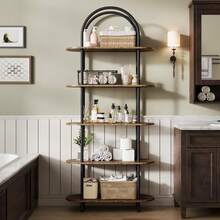 Estantería industrial arqueada de 5 niveles con estructura metálica y patas ajustables, moderna estantería abierta para sala de estar, dormitorio y oficina, color negro y vintage. - Negro y marrón - Ver 5