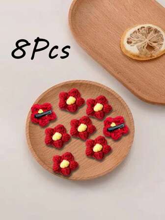 8 st handgjorda virkade hårspännen med puffblommor, söta och söta blommiga håraccessoarer för flickor, prinsesshuvudbonader, höst/vinter kontrastfärgade fembladiga blomkrokodilklämmor för lugg, klospännen, hårspännen, hårspännen