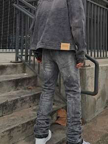 Men's Denim Jeans Flared Leg Jeans, Slim Fit Distressed Flare Leg Jeans, Y2K Stacked Jeans, Contrast Wash Embroidered Jeans, Suitable For All Seasons - Grey - View 3