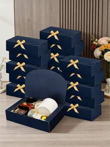 4/10/20pcs Navy Blue Gift Box With Lid, Blue Kraft Gift Box, Bridesmaid Proposal Box With Ribbon , For Wedding, Packaging, Gifts, Birthday, Cupcake Boxes,Valentine'S Day Gift Box.