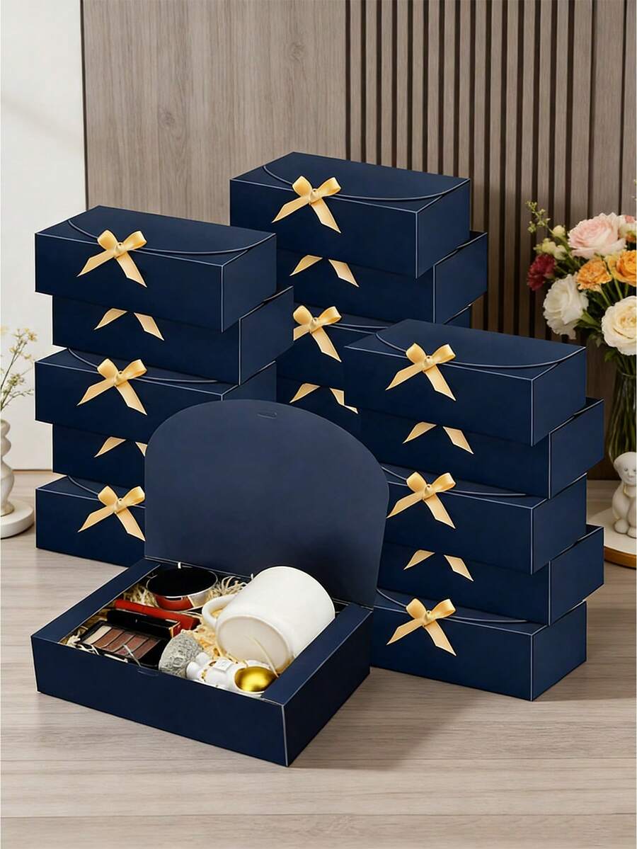 4/10/20pcs Navy Blue Gift Box With Lid, Blue Kraft Gift Box, Bridesmaid Proposal Box With Ribbon , For Wedding, Packaging, Gifts, Birthday, Cupcake Boxes,Valentine'S Day Gift Box.