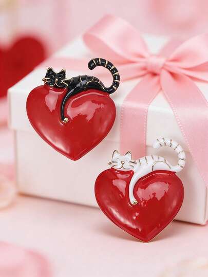 1pc Cute Versatile Cat Heart Brooch, Cartoon Animal Enamel Pin Metal Badge For Backpack, Clothing, Fashion Jewelry Accessory, Unisex, Perfect Valentine's Day Fashion Item